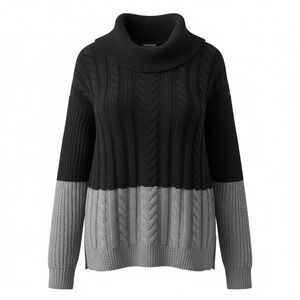 Venus Oversize Colorblock Turtleneck Sweater Black/Gray Women's Large Wool Blend